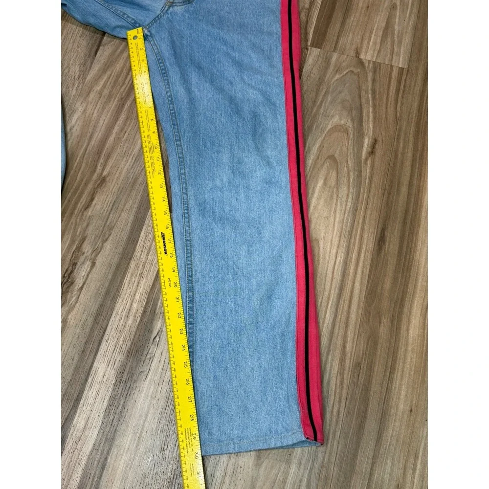 Koche Women Light Wash Designer Paris Jeans Pink Stripe Black Satin $465 MSRP 26